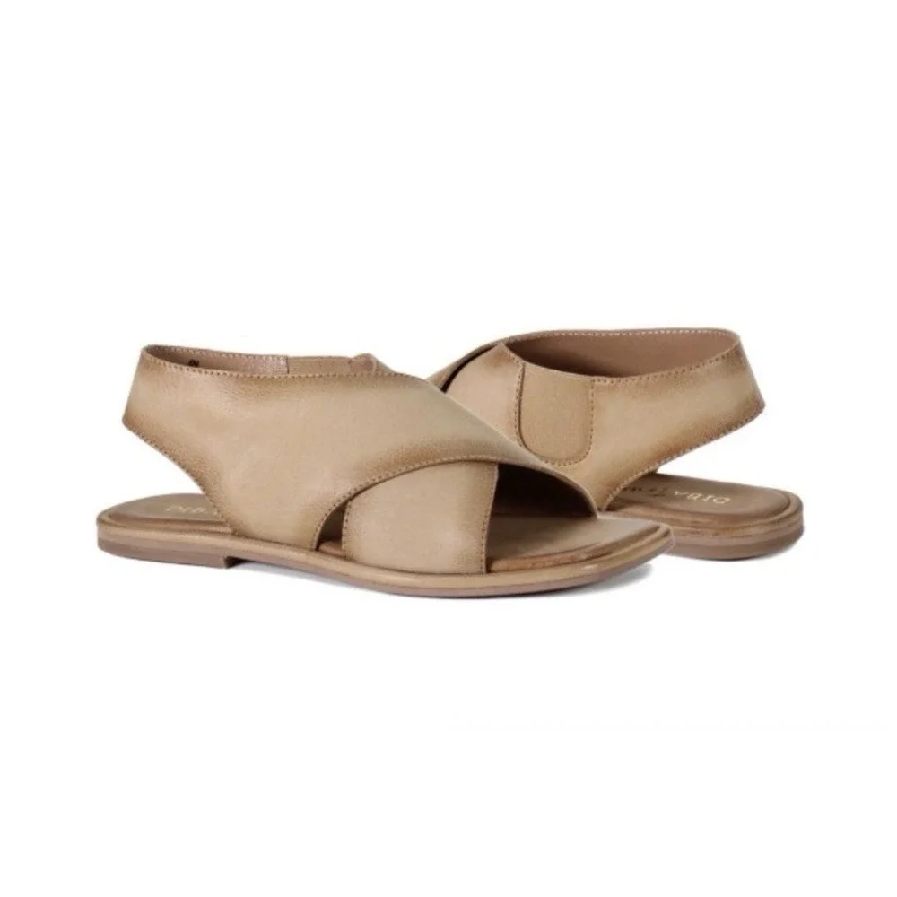 New Diba True 10 Venture Some Beige Sandals Ankle Strap Leather Cross Band Flats